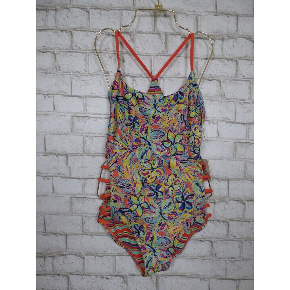 Social Angel Carnival Paisley Strappy Side One Piece Rainbow Swimsuit Large NEW